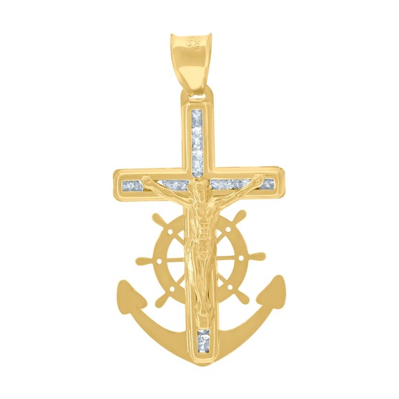 10kt 10k Yellow Gold Unisex CZ Anchor Crucifix Cross Religious Charm Pendant